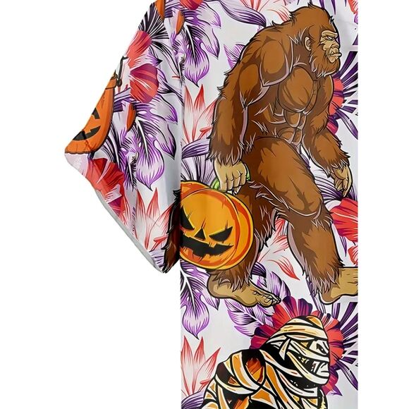 Sasquatch Big Foot Hawaiian Halloween Fall Button Down Casual Men's Shirt XXL #L - Picture 3 of 5